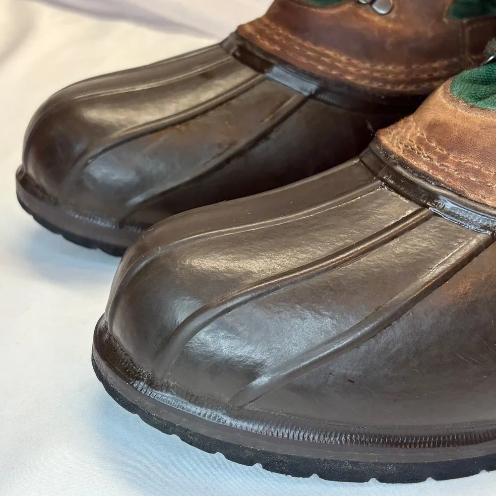 VTG LL Bean Duck Boots Mens 11‎ Leather Green Canvas Waterproof Rain Snow Boot